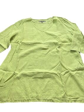 Flax 100% Linen Lime V-Neck Tunic Top Pockets Size 1X Plus Size Resortwear Boho